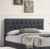 Contemporary Twin Size Bed w/ Trundle Slats Charcoal Burlap Upholstered Button Tufted Headboard Footboard Youth Bedroom Furniture wooden Slats 1pc Bed