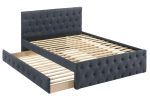 Contemporary Twin Size Bed w/ Trundle Slats Charcoal Burlap Upholstered Button Tufted Headboard Footboard Youth Bedroom Furniture wooden Slats 1pc Bed