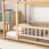 Twin Size Floor Wooden Bed with House Roof Frame, Fence Guardrails,Natural(Old SKU:W1791106616)