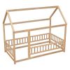 Twin Size Floor Wooden Bed with House Roof Frame, Fence Guardrails,Natural(Old SKU:W1791106616)