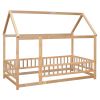 Twin Size Floor Wooden Bed with House Roof Frame, Fence Guardrails,Natural(Old SKU:W1791106616)