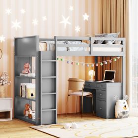 Twin Size Loft Bed with Ladder;  Shelves;  and Desk (Color: Gray)