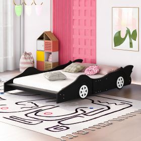 Full Size Race Car-Shaped Platform Bed with Wheels (Color: Black)