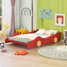 Full Size Race Car-Shaped Platform Bed with Wheels (Color: Red)