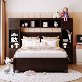 Full Size Wooden Bed With All-in-One Cabinet and Shelf (Color: Espresso)