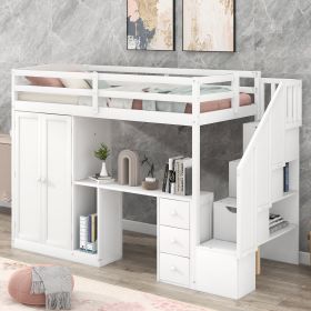 Twin Size Loft Bed with Wardrobe and Staircase;  Desk and Storage Drawers and Cabinet in 1 (Color: White)