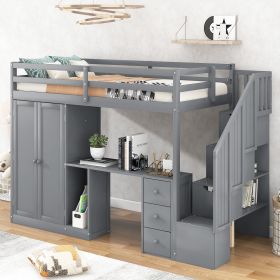 Twin Size Loft Bed with Wardrobe and Staircase;  Desk and Storage Drawers and Cabinet in 1 (Color: Gray)