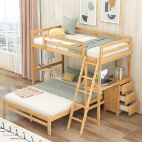 Twin over Full Bunk Bed with Built-in Desk and Three Drawers (Color: Natural)