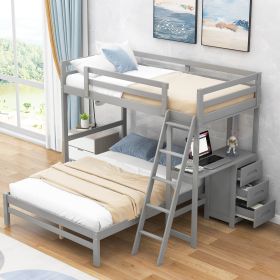 Twin over Full Bunk Bed with Built-in Desk and Three Drawers (Color: Grey)