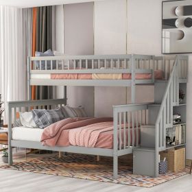 Twin over Full Stairway Bunk Bed with Storage (Color: Gray)