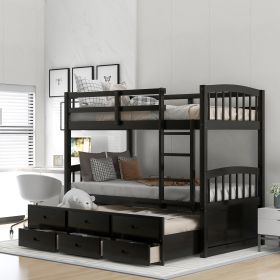 Twin over Twin Wood Bunk Bed with Trundle and Drawers (Color: Espresso)