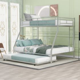 Twin over Full Bed with Sturdy Steel Frame, Bunk Bed with Twin Size Trundle, Two-Side Ladders (Color: Silver)