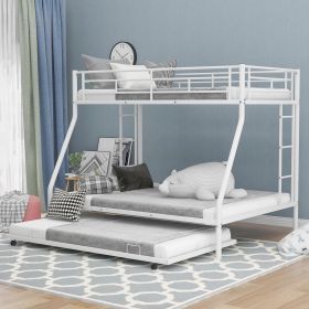 Twin over Full Bed with Sturdy Steel Frame, Bunk Bed with Twin Size Trundle, Two-Side Ladders (Color: White)