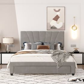 Queen Size Storage Bed Velvet Upholstered Platform Bed with a Big Drawer (Color: Gray)