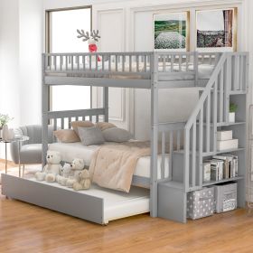 Twin over Twin Bunk Bed with Trundle and Storage (Color: Gray)