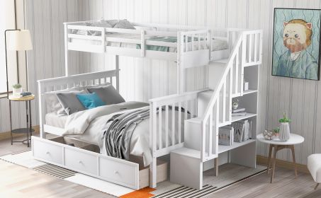 Stairway Twin-Over-Full Bunk Bed with Drawer;  Storage and Guard Rail for Bedroom;  Dorm;  for Adults (Color: White)