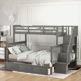 Stairway Twin-Over-Full Bunk Bed with Drawer;  Storage and Guard Rail for Bedroom;  Dorm;  for Adults (Color: Gray)