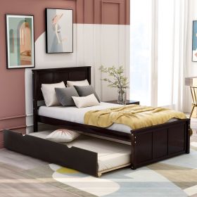 Platform Bed with Twin Size Trundle, Twin Size Frame (Color: Espresso)