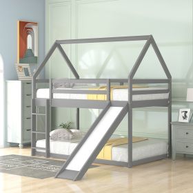 Twin over Twin Low Bunk Bed, House Bed with Ladder , White (Color: Gray)