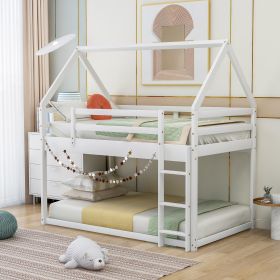 Twin over Twin Low Bunk Bed, House Bed with Ladder , White (Color: White)