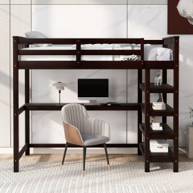 Twin Size Loft Bed with Storage Shelves and Under-bed Desk (Color: Espresso)