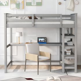 Twin Size Loft Bed with Storage Shelves and Under-bed Desk (Color: Gray)