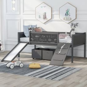 win size Loft Bed Wood Bed with Two Storage Boxes (Color: Gray)