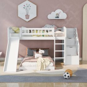 Stairway Twin over Twin Bunk Bed with Two Drawers and Slide (Color: White)