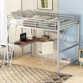 Full Size Loft Metal&MDF Bed with Desk and Shelf, (Color: Silver)