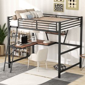 Full Size Loft Metal&MDF Bed with Desk and Shelf, (Color: Black)