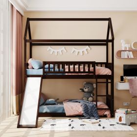 Twin Over Twin Bunk Bed with Slide, House Bed with Slide (Color: Espresso)