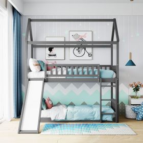 Twin Over Twin Bunk Bed with Slide, House Bed with Slide (Color: Gray)