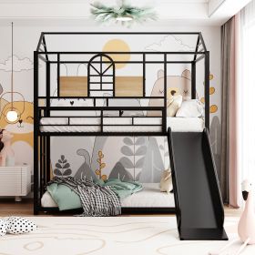 Twin Over Twin Metal Bunk Bed ,Metal Housebed With Slide (Color: Black)