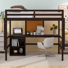 Twin size Loft Bed with Desk and Writing Board, Wooden Loft Bed with Desk & 2 Drawers Cabinet (Color: Espresso)