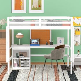 Twin size Loft Bed with Desk and Writing Board, Wooden Loft Bed with Desk & 2 Drawers Cabinet (Color: White)