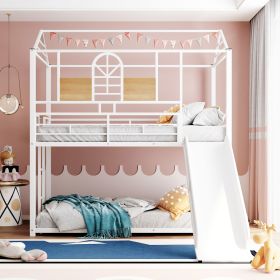 Twin Over Twin Metal Bunk Bed ,Metal Housebed With Slide (Color: White)