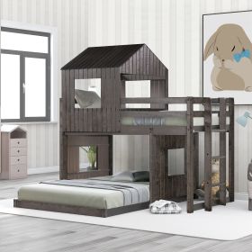 Wooden Twin Over Full Bunk Bed, Loft Bed with Playhouse, Farmhouse, Ladder and Guardrails (Color: Antique Gray)