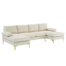 280*130*85 U-Shaped 4-Seat Linen Seat Frame Wooden Frame Back Iron Frame Golden Feet Indoor Modular Sofa Beige (Color: as picture)