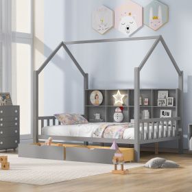 Wooden Full Size House Bed with 2 Drawers,Kids Bed with Storage Shelf (Color: Gray)