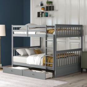 Full-Over-Full Bunk Bed with Ladders and Two Storage Drawers (Color: Gray)