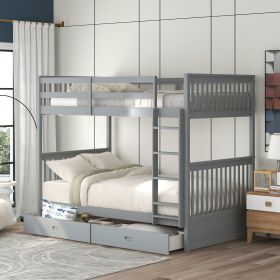 Twin-Over-Twin Bunk Bed with Ladders and Two Storage (Color: Gray)