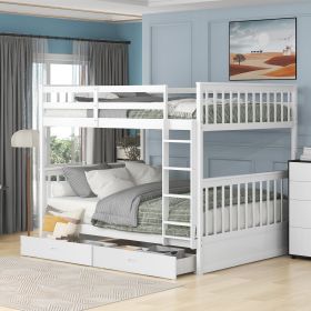 Full-Over-Full Bunk Bed with Ladders and Two Storage Drawers (Color: White)