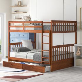 Full-Over-Full Bunk Bed with Ladders and Two Storage Drawers (Color: Walnut)