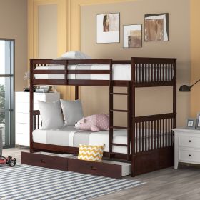 Twin-Over-Twin Bunk Bed with Ladders and Two Storage (Color: Espresso)