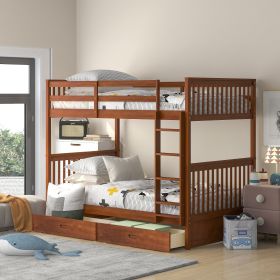 Twin-Over-Twin Bunk Bed with Ladders and Two Storage (Color: Walnut)