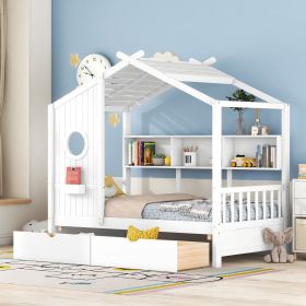 Wooden Twin Size House Bed with 2 Drawers,Kids Bed with Storage Shelf (Color: White)