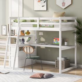 Twin Size Loft Bed with Desk and Shelves;  Two Built-in Drawers (Color: White)