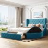 Upholstered Platform Bed Queen Size Storage Velvet Bed with Wingback Headboard and 1 Big Drawer; 2 Side Storage Stool