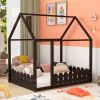 (Slats are not included) Full Size Wood Bed House Bed Frame with Fence;  for Kids;  Teens;  Girls;  Boys