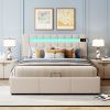 Upholstered Bed Queen Size with LED light;  Bluetooth Player and USB Charging;  Hydraulic Storage Bed in  Velvet Fabric